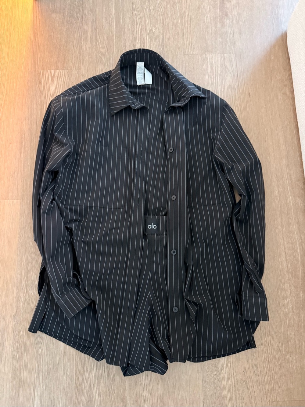 ALO Yoga Black Pinstripe Women's Button-Up Shirt and Shorts